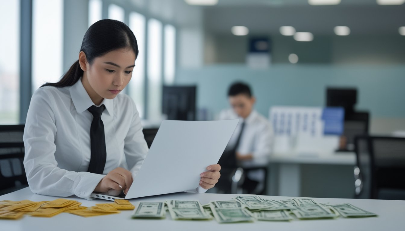 Seorang profesional memeriksa dokumen di kantor, dengan perlengkapan perjudian tanpa identitas terlihat samar di latar.