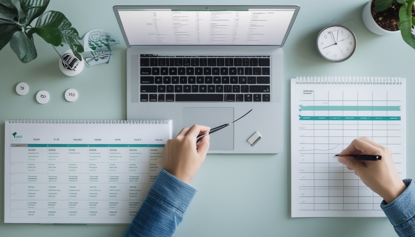 Seseorang memeriksa jadwal kosong di meja dengan jam, laptop, dan penanda.