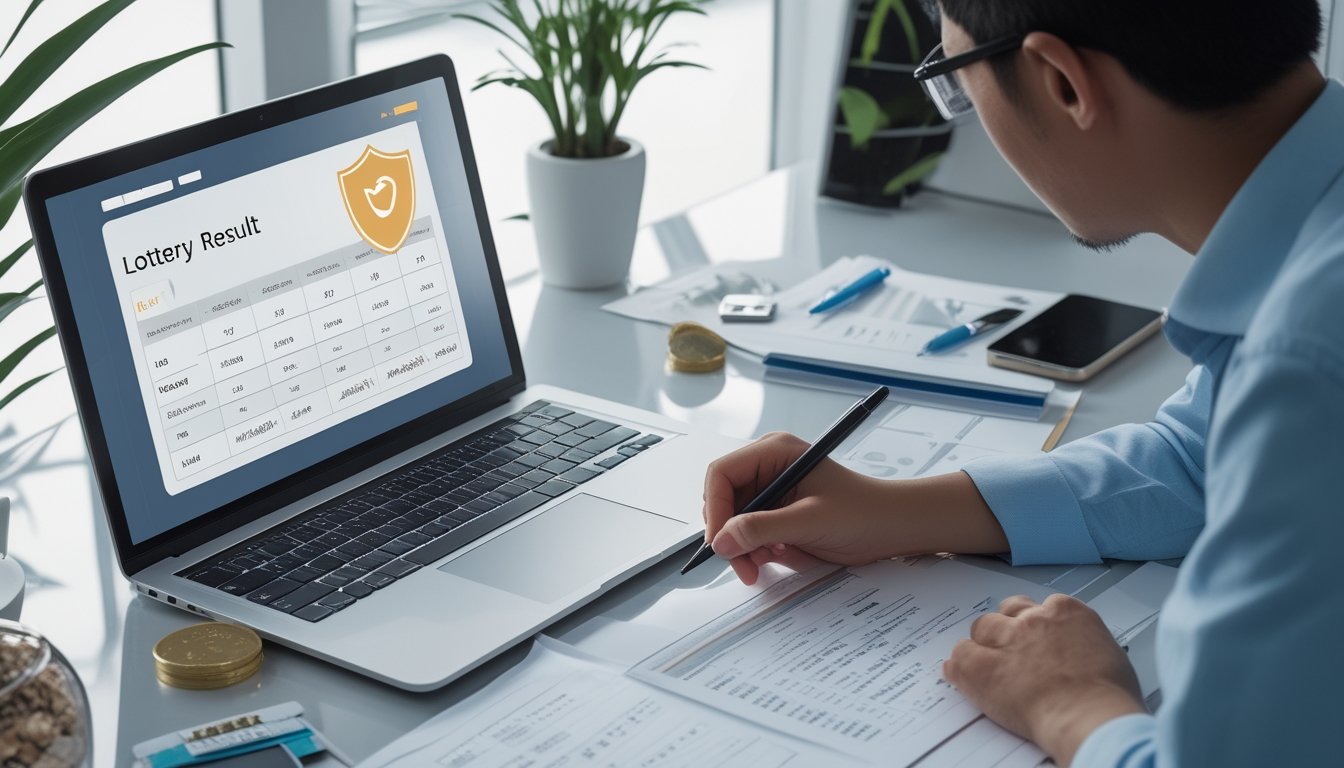 Seseorang memeriksa jadwal hasil dan dokumen pada laptop di meja kerja.