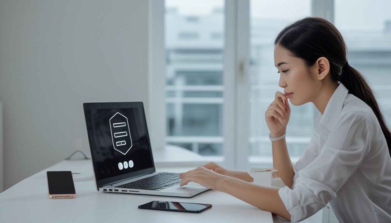 Seseorang mengisi formulir pendaftaran di laptop dengan hati-hati di meja kerja.