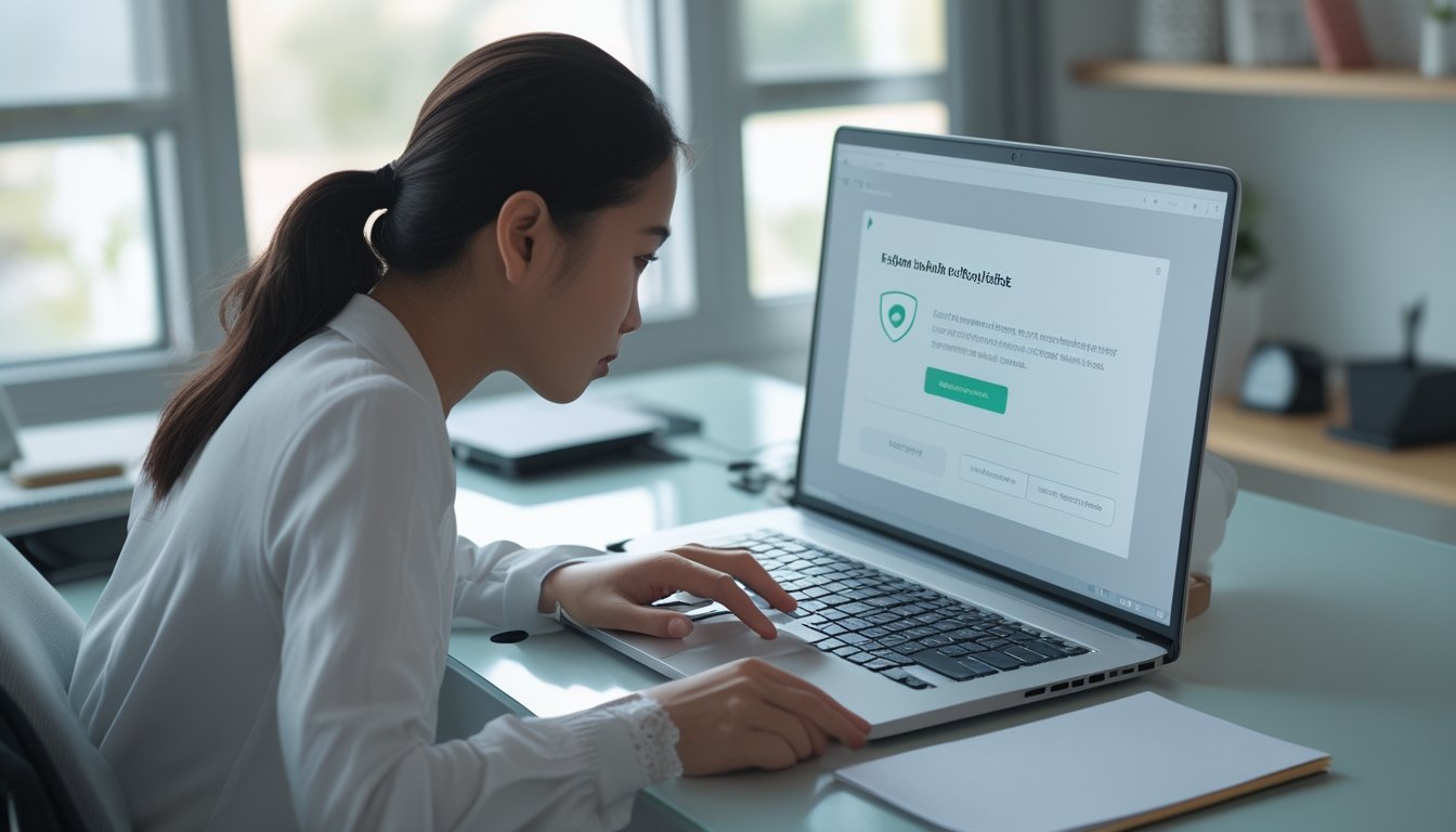Seseorang memeriksa situs di laptop sambil menjaga keamanan data pribadi.