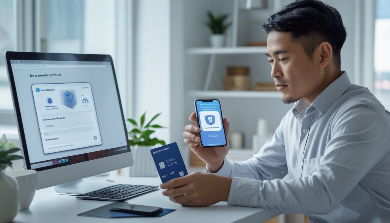 Seseorang memeriksa verifikasi akun dan konfirmasi deposit melalui laptop dan ponsel di meja.