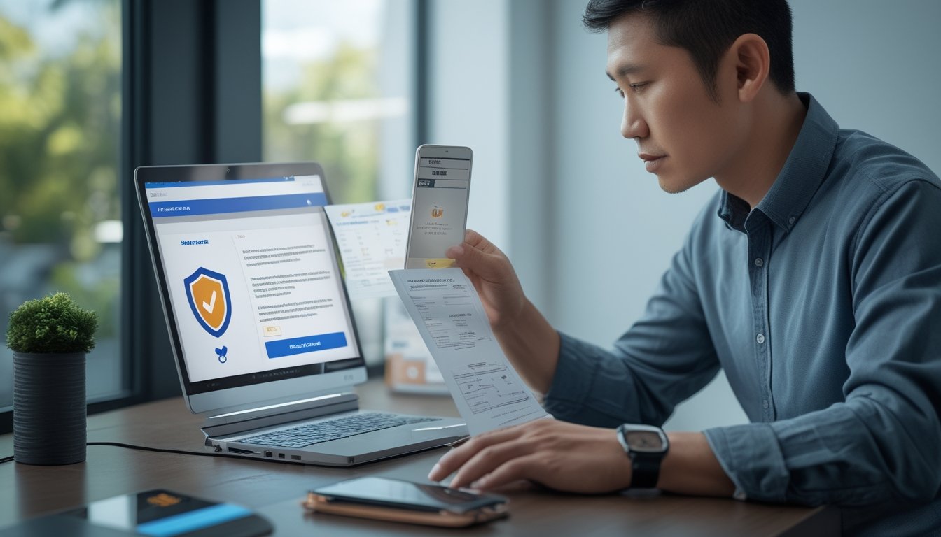 Seseorang memeriksa identitas operator dan keamanan akun melalui laptop serta ponsel.