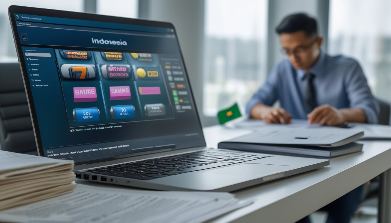 Seseorang mempelajari dokumen hukum di samping laptop dengan tampilan permainan slot.