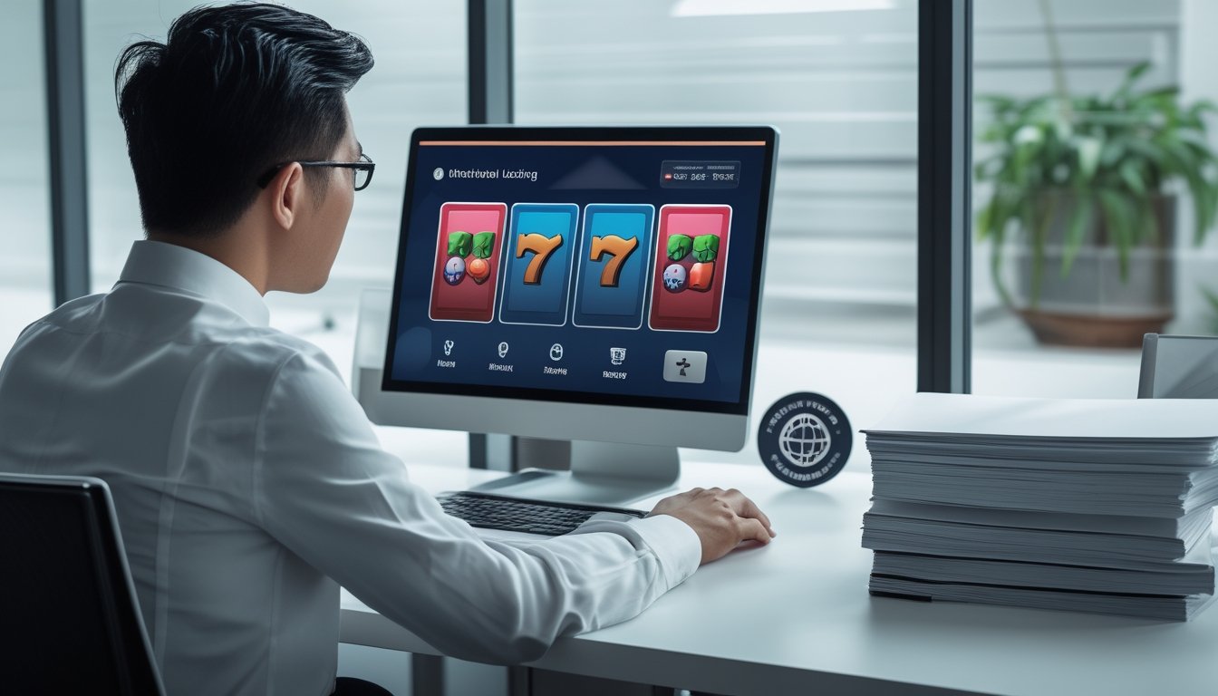 Seorang profesional memeriksa tampilan permainan slot di laptop dengan simbol keamanan di atas meja.