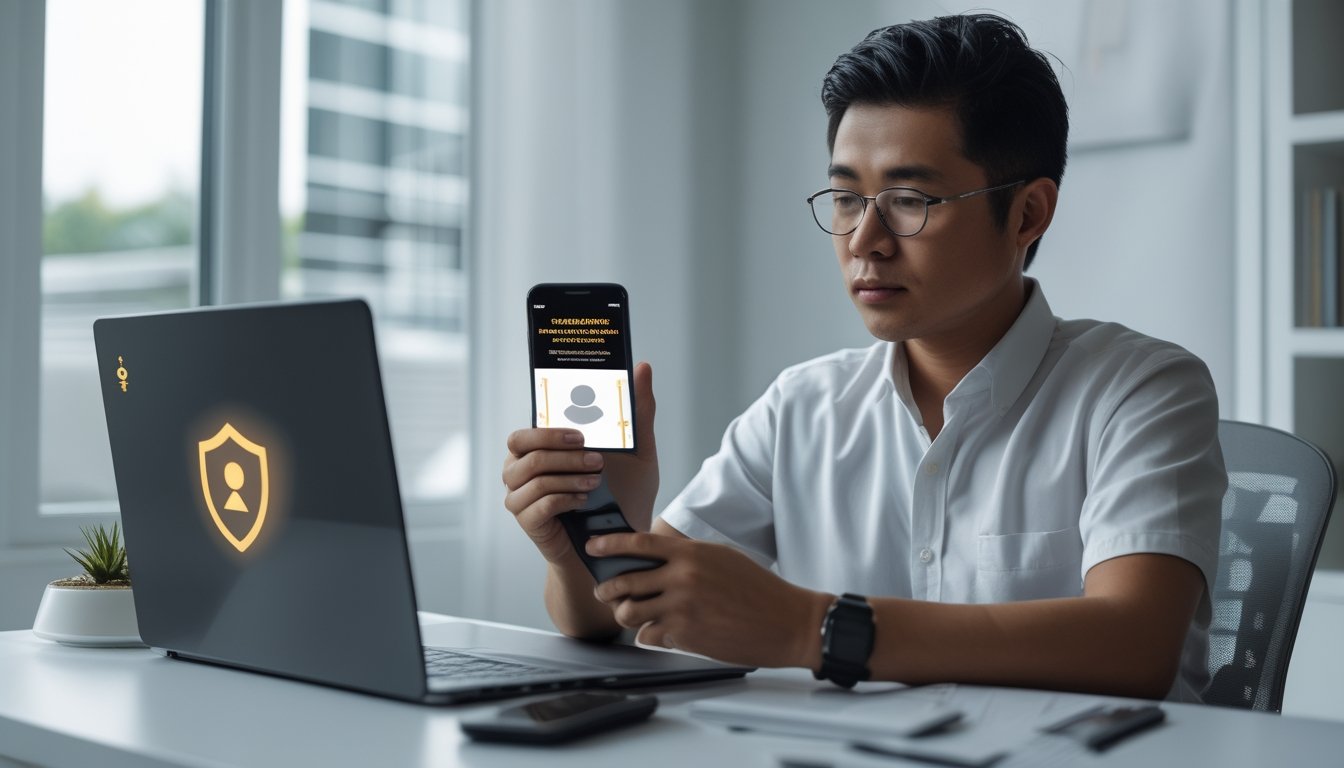 Seseorang memeriksa ponsel dan laptop dengan simbol keamanan di meja.
