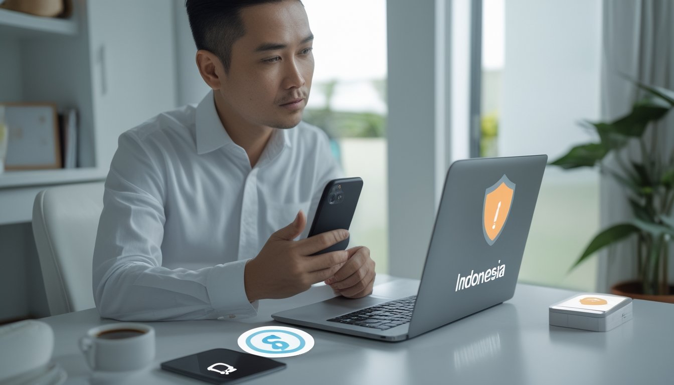 Seorang dewasa memeriksa laptop dan ponsel dengan cermat di meja rumah.
