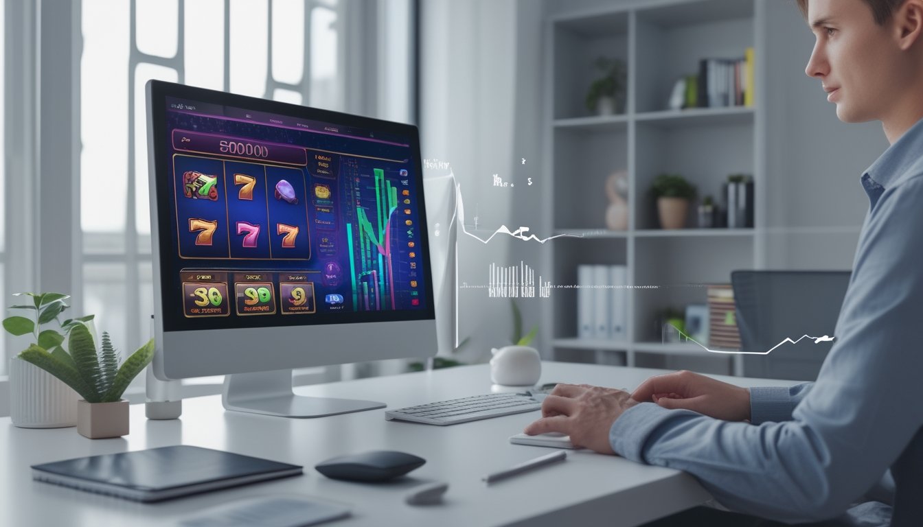 Seseorang membandingkan permainan slot digital dan grafik statistik di depan komputer.