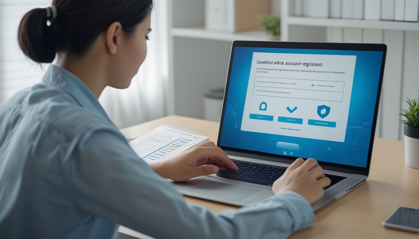Seseorang memeriksa halaman pendaftaran di laptop sambil melihat daftar periksa.