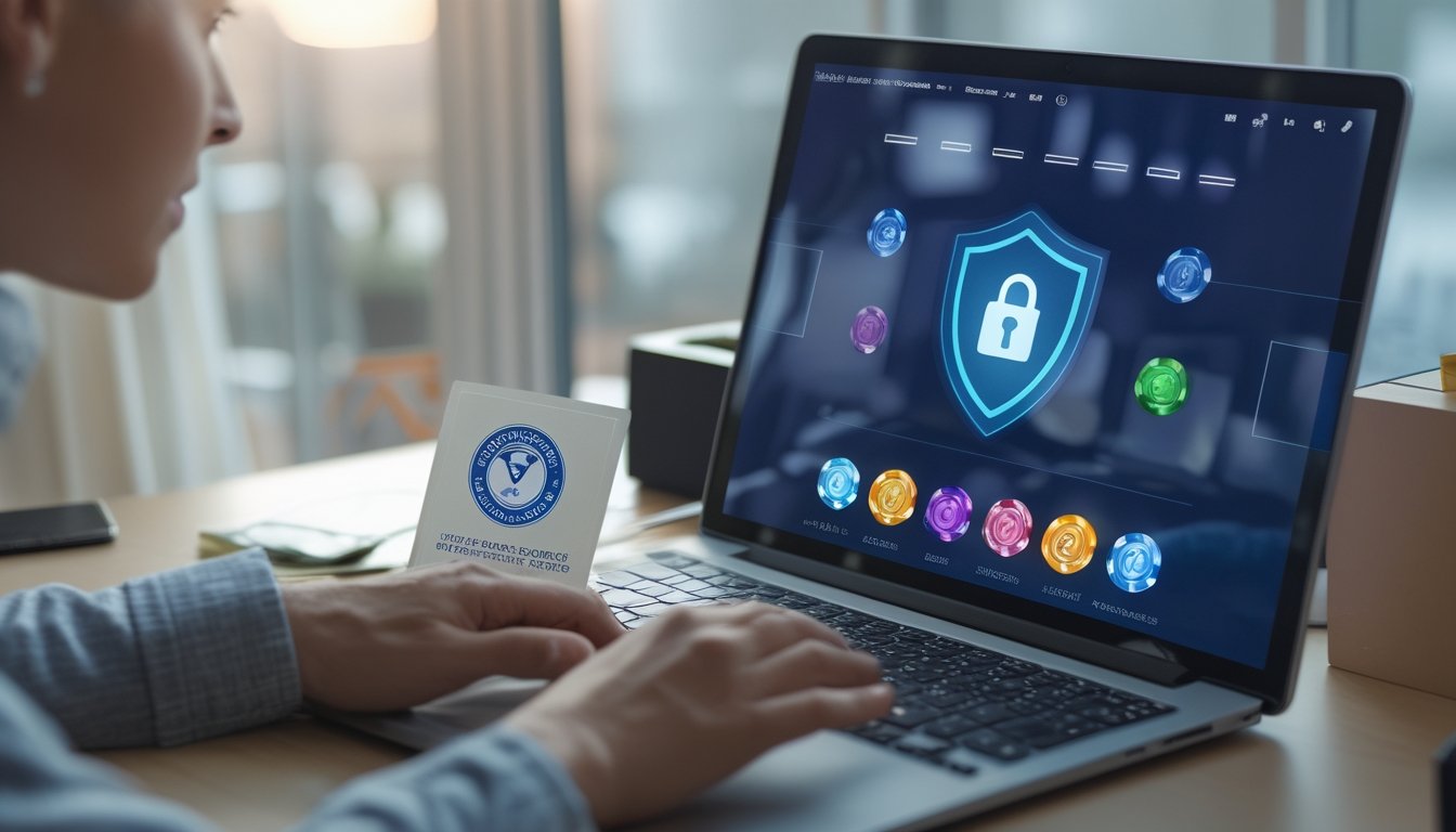 Seseorang memeriksa situs permainan slot di laptop dengan dokumen lisensi dan simbol keamanan data di atas meja.