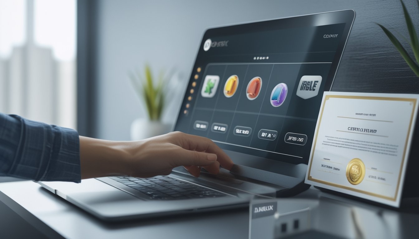 Laptop menampilkan permainan slot online di samping sertifikat dan simbol gembok.