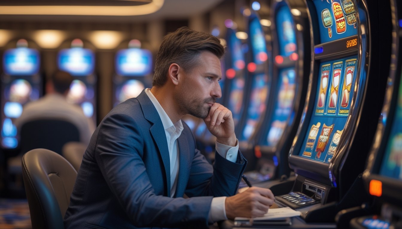 Seseorang mengamati mesin slot sambil mencatat.