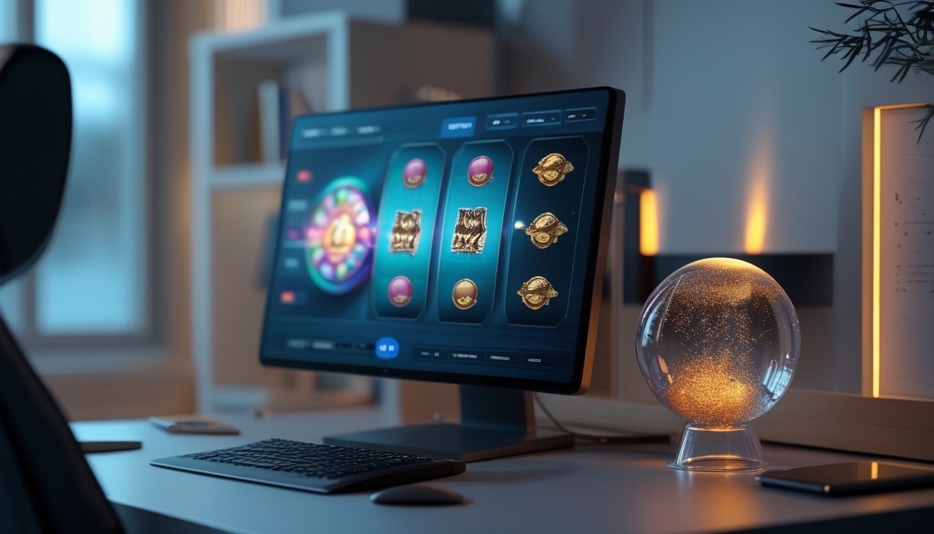 Monitor menampilkan mesin slot digital dengan bola bercahaya di atas meja.
