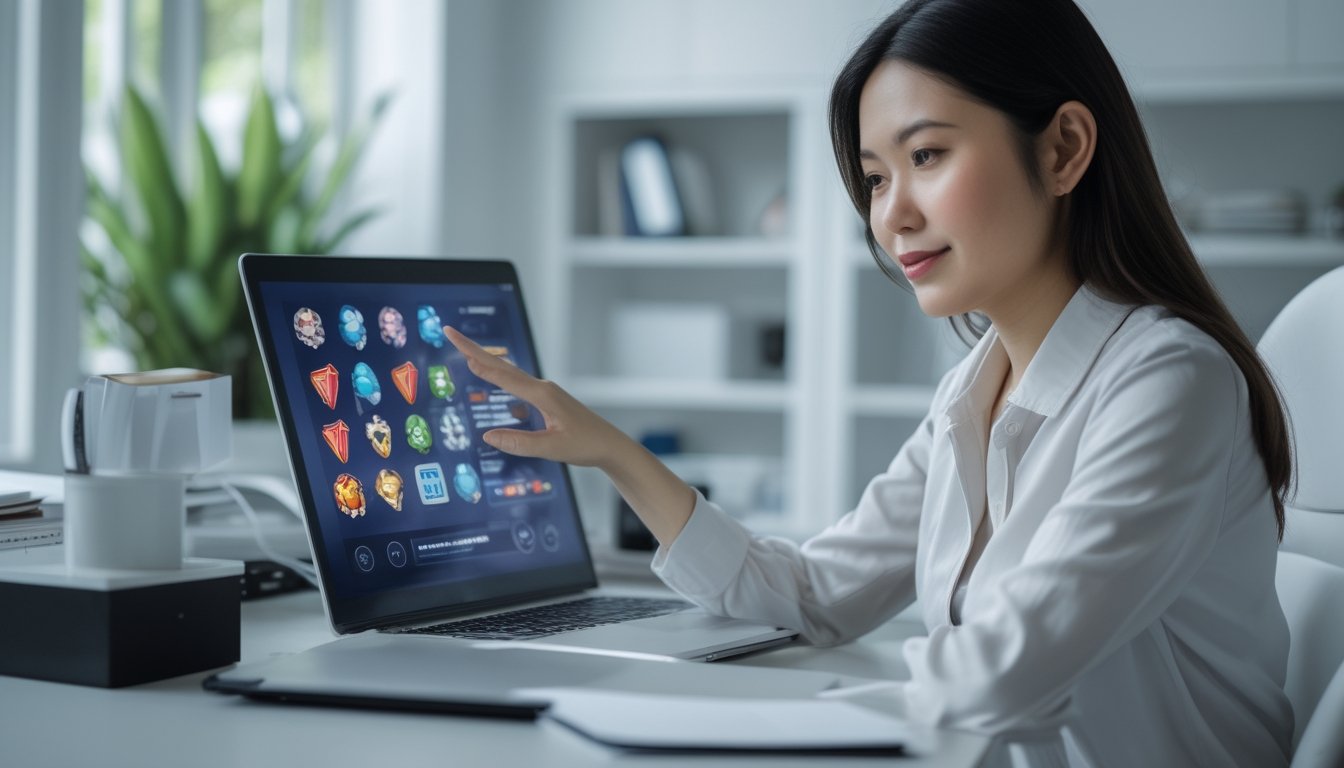 Seorang perempuan dewasa melihat antarmuka permainan digital di laptop.