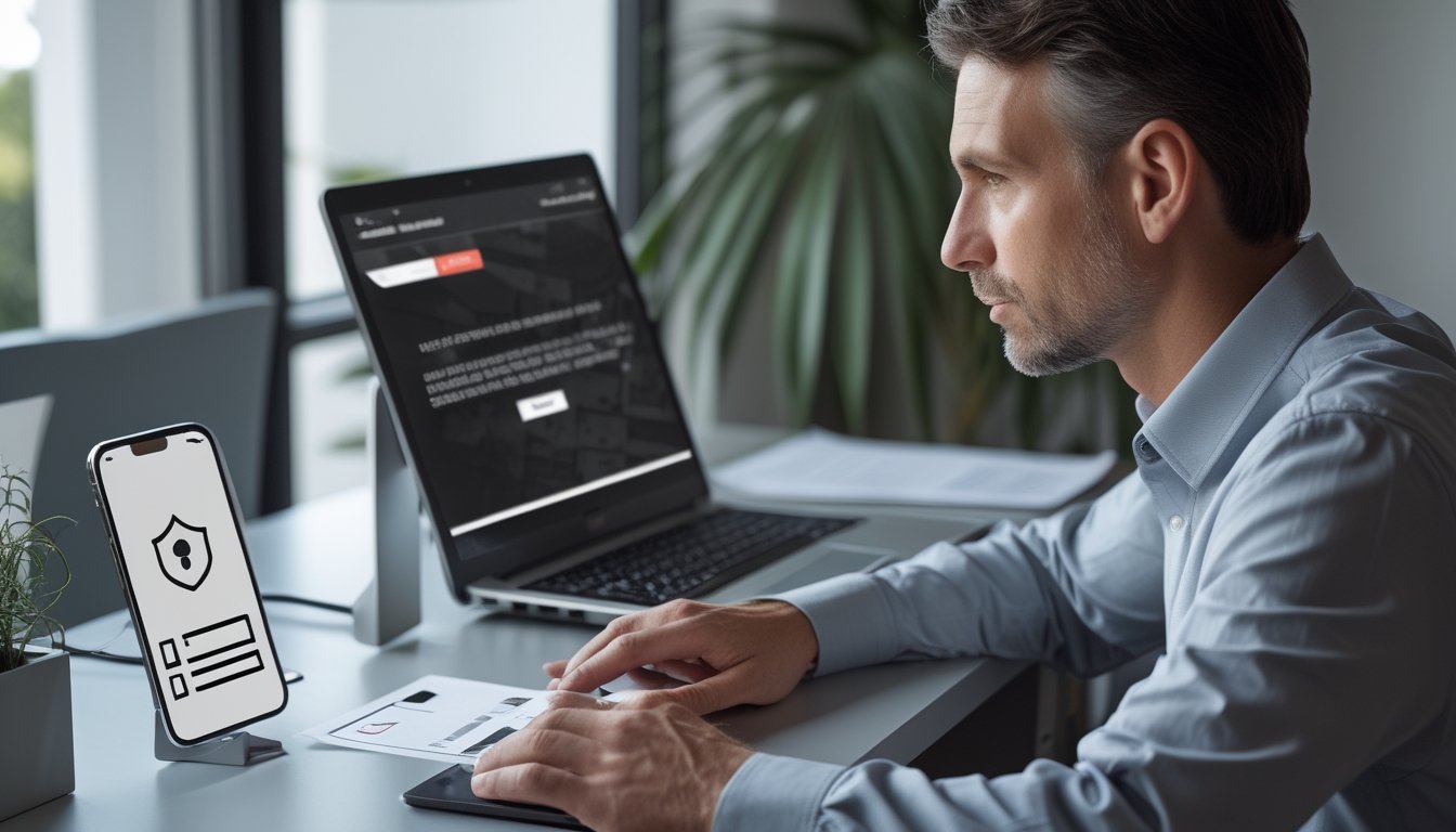 Seseorang memeriksa keamanan platform digital melalui laptop dan ponsel di meja kerja.