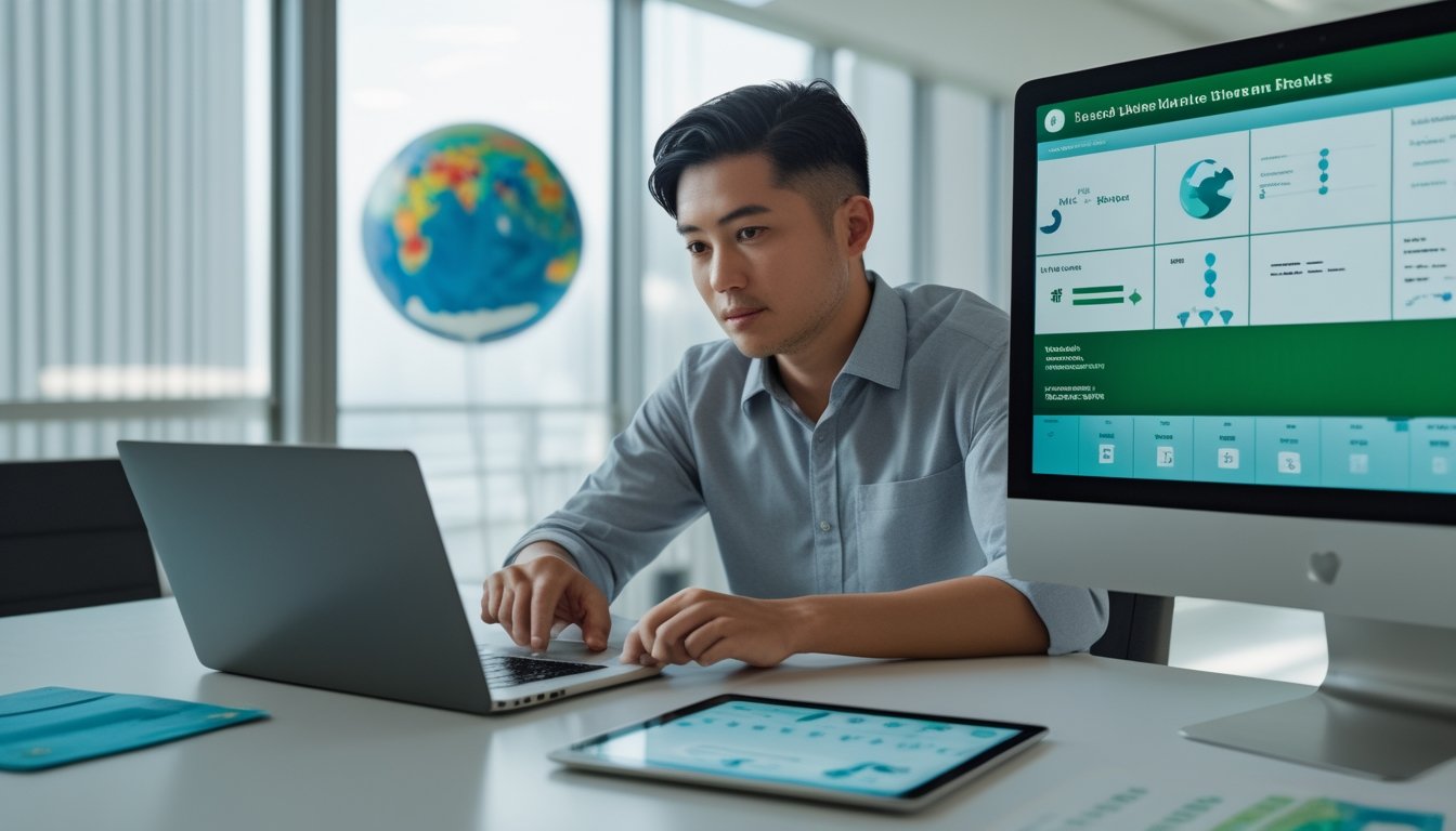 Seseorang melihat beberapa dasbor data pada laptop dan tablet di kantor.