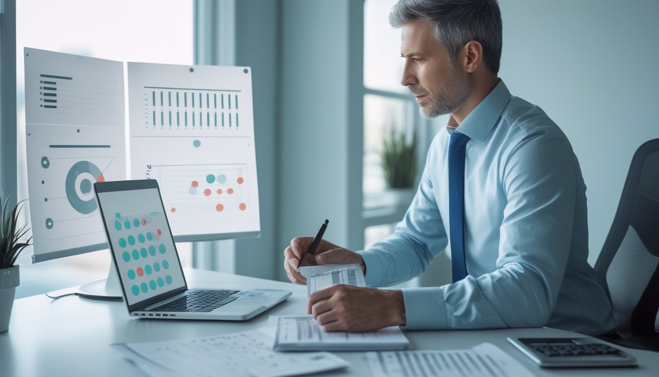 Seorang analis membandingkan grafik dan data di meja kerja.