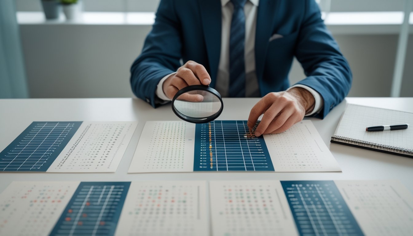 Seorang analis memeriksa lembaran data berpola di meja dengan kaca pembesar dan kalkulator.