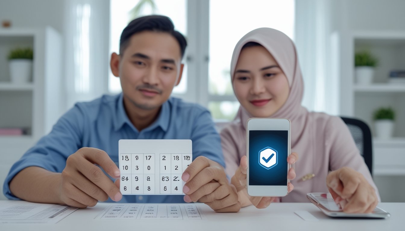 Seorang pria dan wanita Indonesia melihat kartu permainan bernomor dan ponsel di meja.