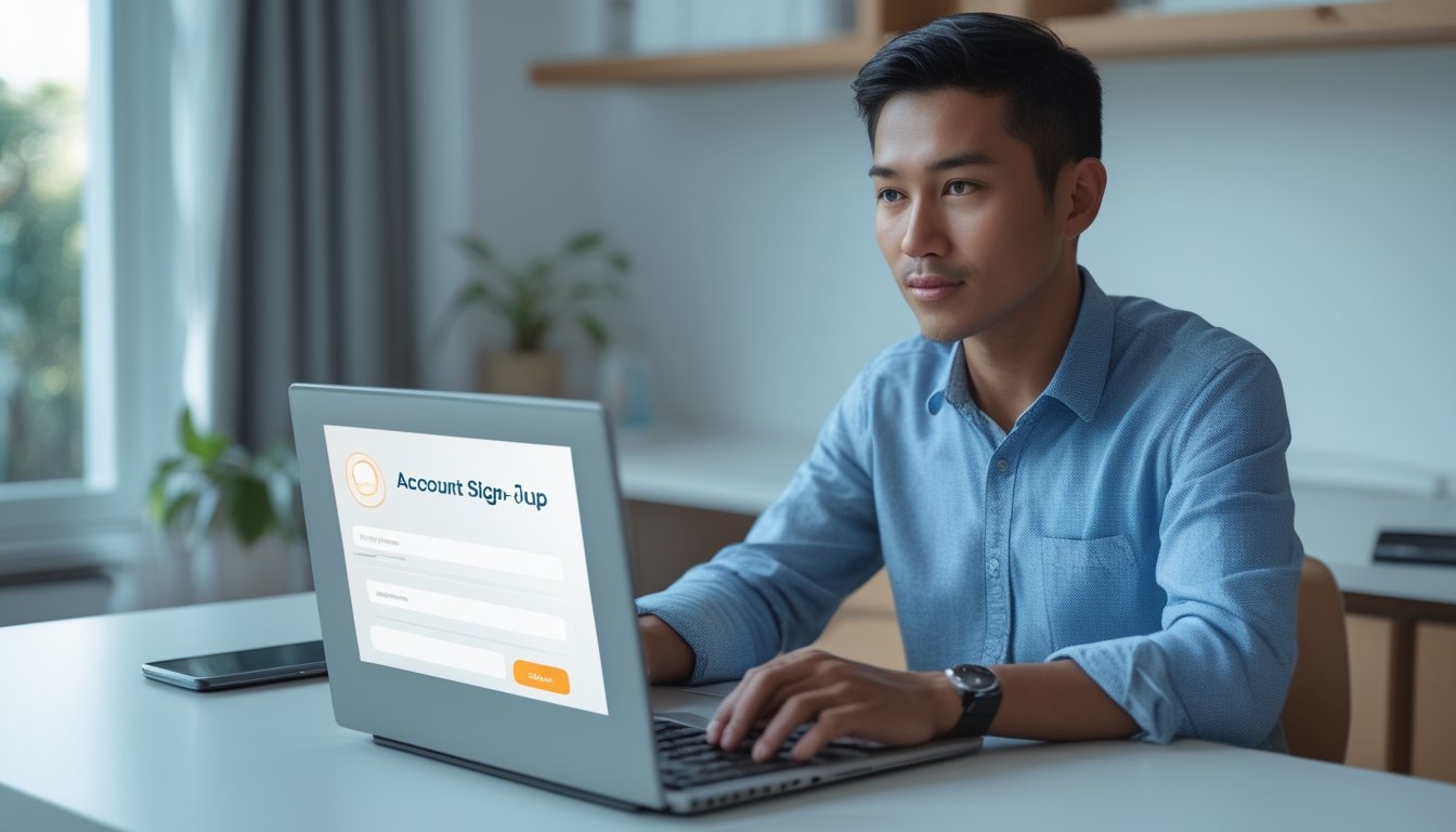 Seseorang menggunakan laptop untuk mengisi formulir pendaftaran akun.