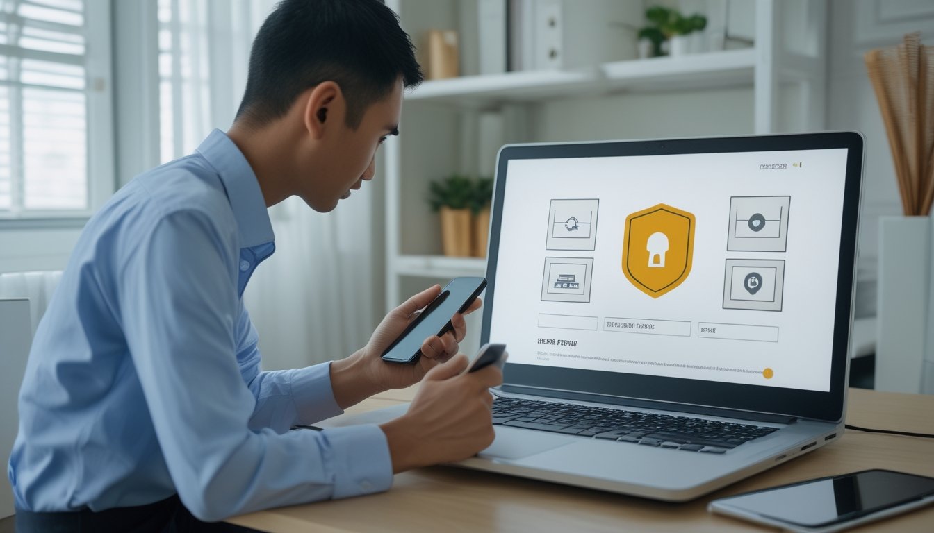Seseorang memeriksa keamanan situs transaksi melalui laptop dan ponsel di meja kerja.