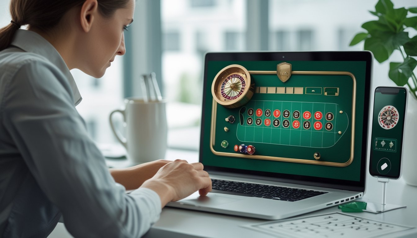 Seseorang memeriksa situs roulette di laptop dengan simbol keamanan di meja.
