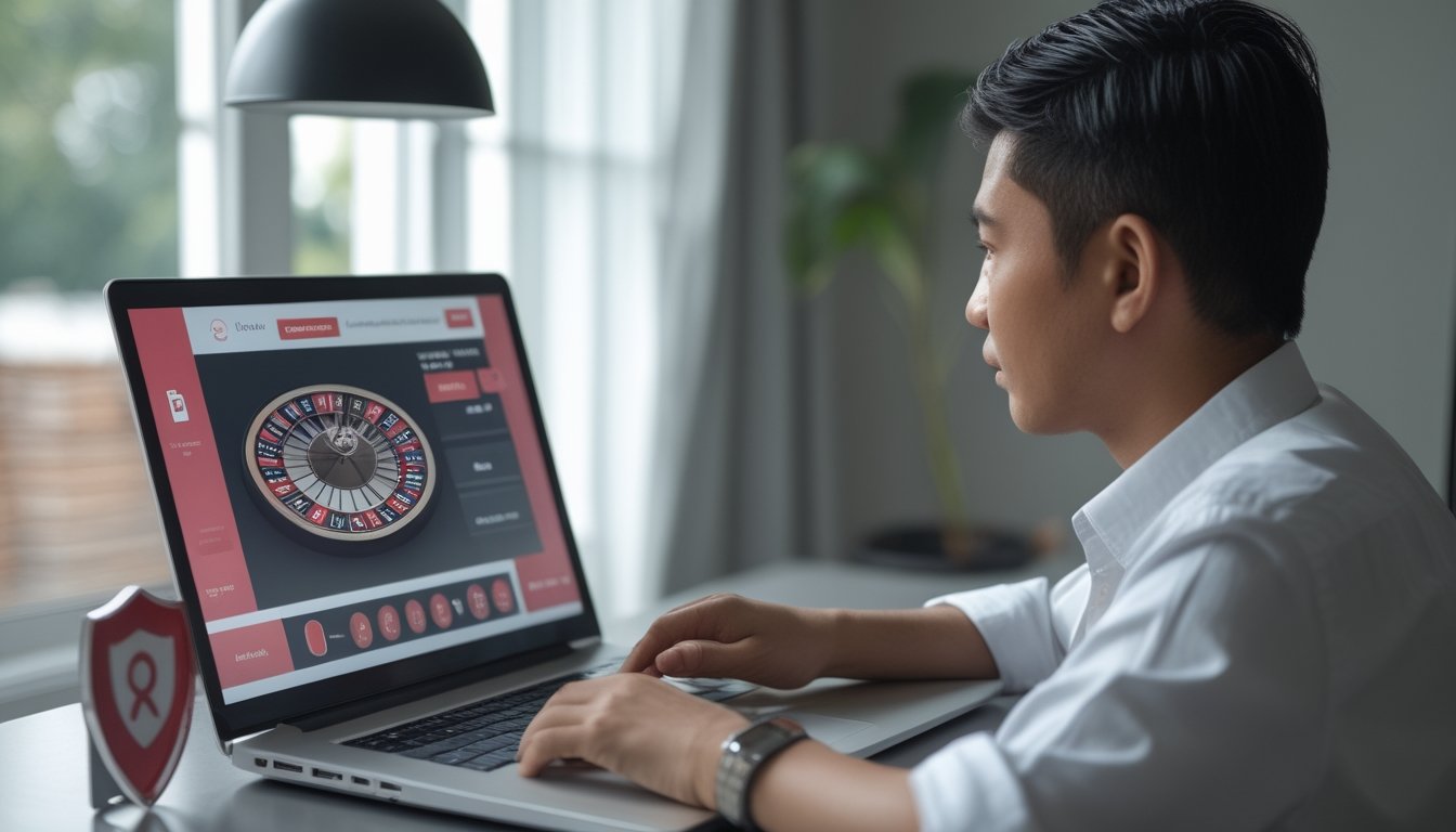 Seorang pemain dewasa memeriksa situs roulette di laptop dengan simbol keamanan di dekatnya.