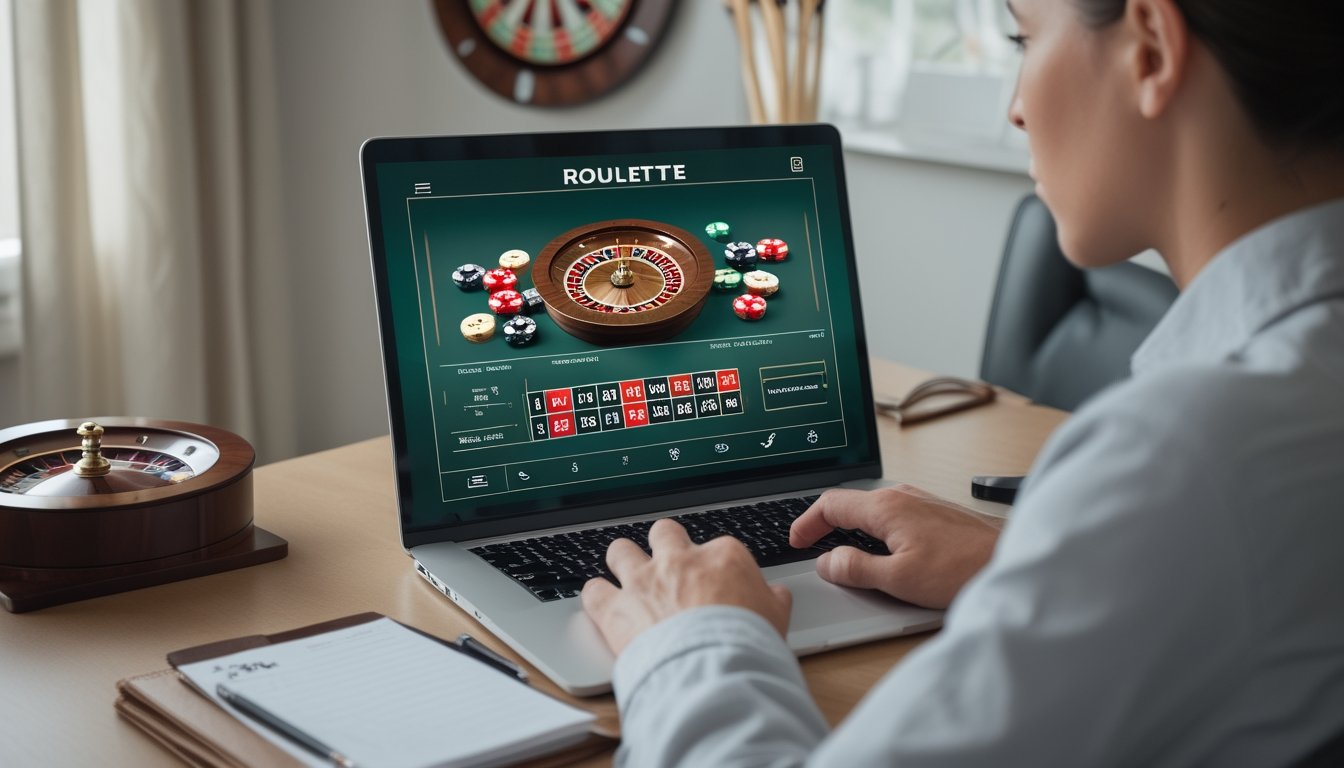 Seorang pemula mempelajari permainan roulette di laptop dengan buku catatan di meja.
