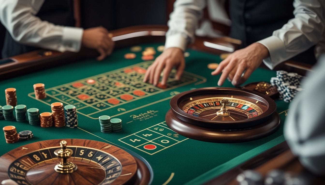Seorang pemula belajar aturan roulette di meja kasino dengan roda, bola, dan chip taruhan.