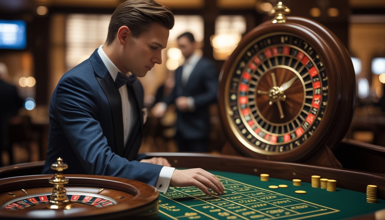 Seorang pemain mengamati roda roulette di meja kasino.