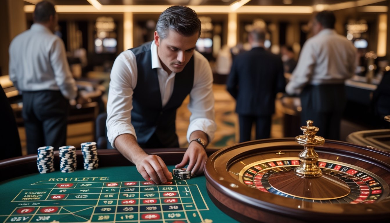 Seorang pemain mengamati roda roulette dan menimbang keping taruhan di meja kasino.