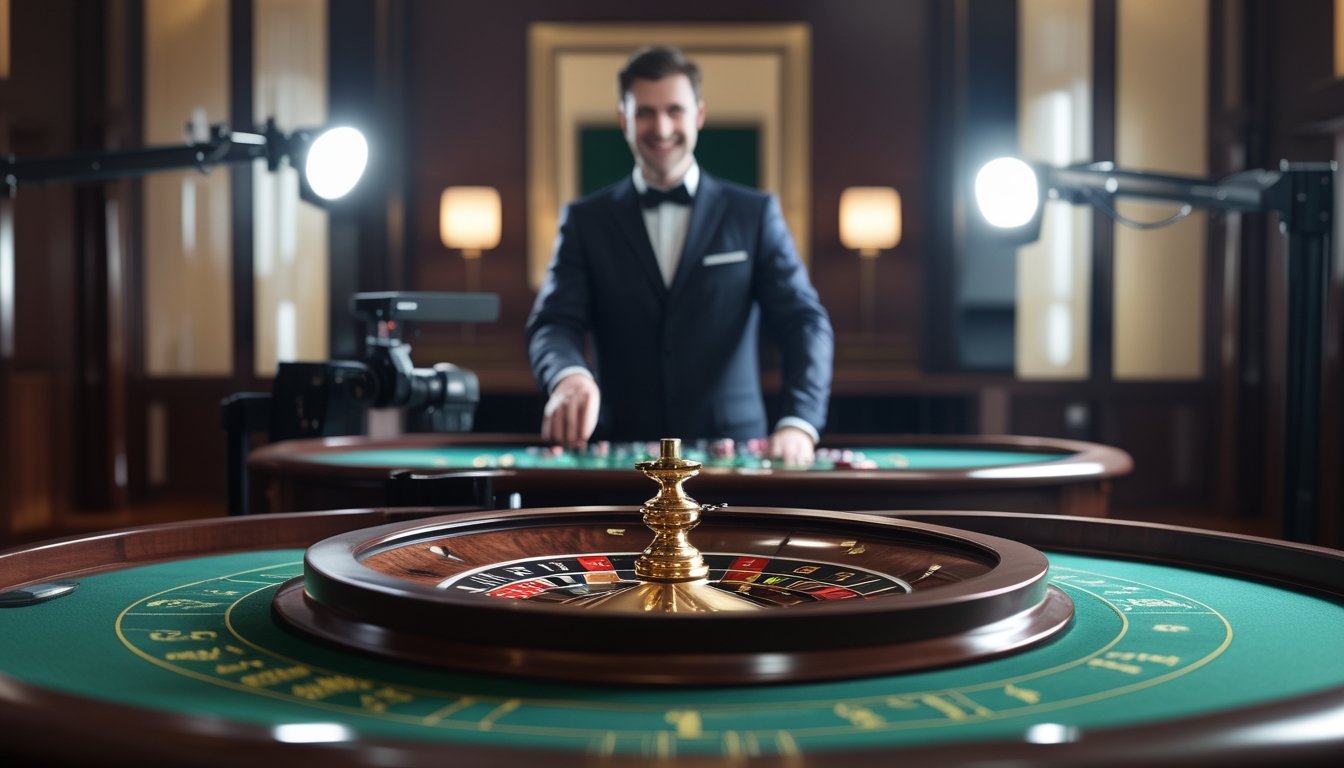 Seorang dealer berdiri di belakang meja roulette dengan roda roulette di bagian depan.