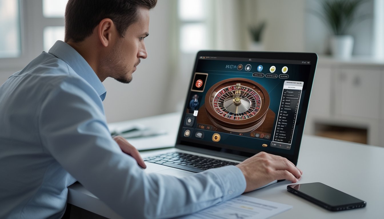 Seseorang memeriksa platform roulette langsung dengan dealer melalui laptop.