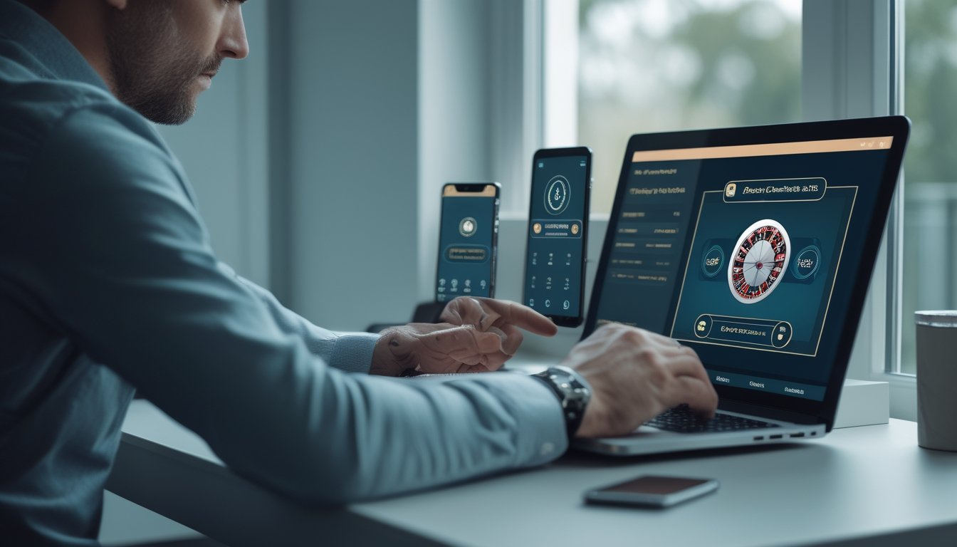 Seseorang memeriksa transaksi roulette online di laptop dengan ponsel dan simbol keamanan di meja.