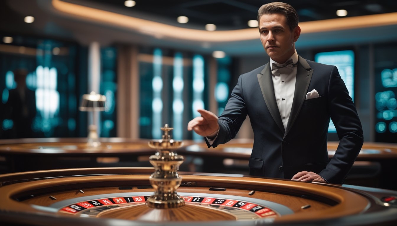 Seorang dealer menunjukkan meja roulette yang tertata rapi di sebuah kasino.