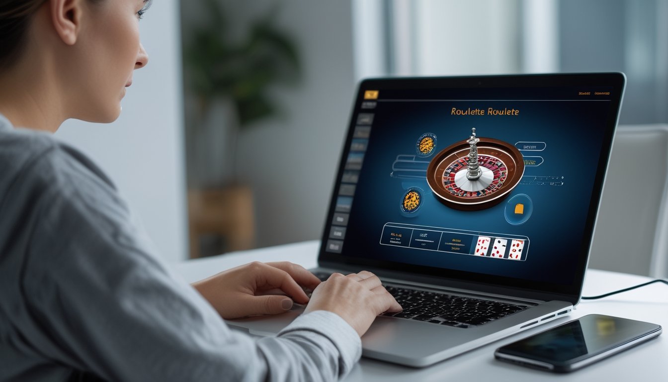 Seorang pemain dewasa menggunakan laptop dengan tampilan roulette dan simbol keamanan.