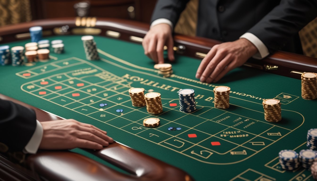 Meja roulette dengan roda, susunan angka, dan beberapa keping taruhan.