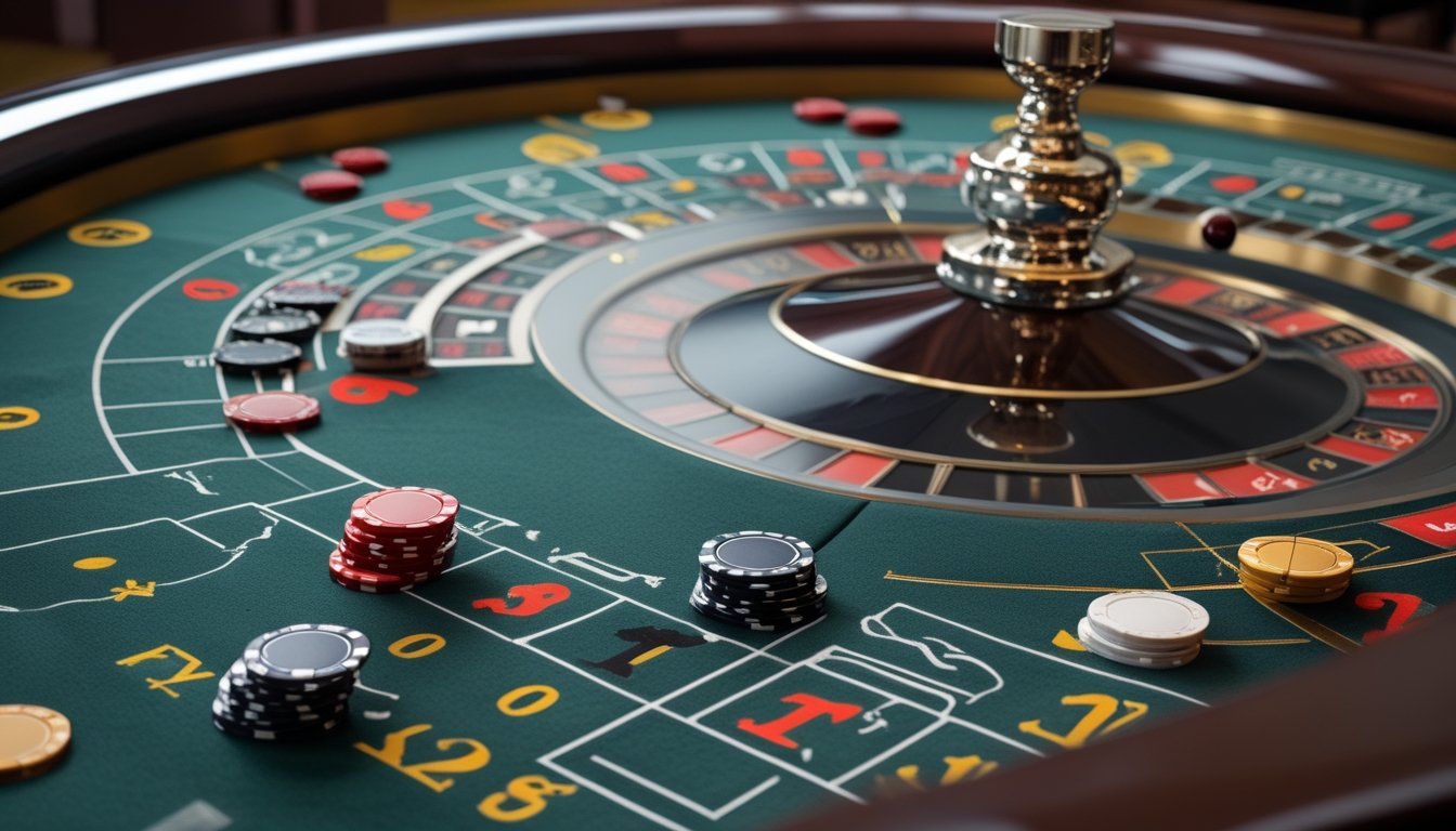 Meja roulette dengan roda, tata letak taruhan, dan keping kasino.