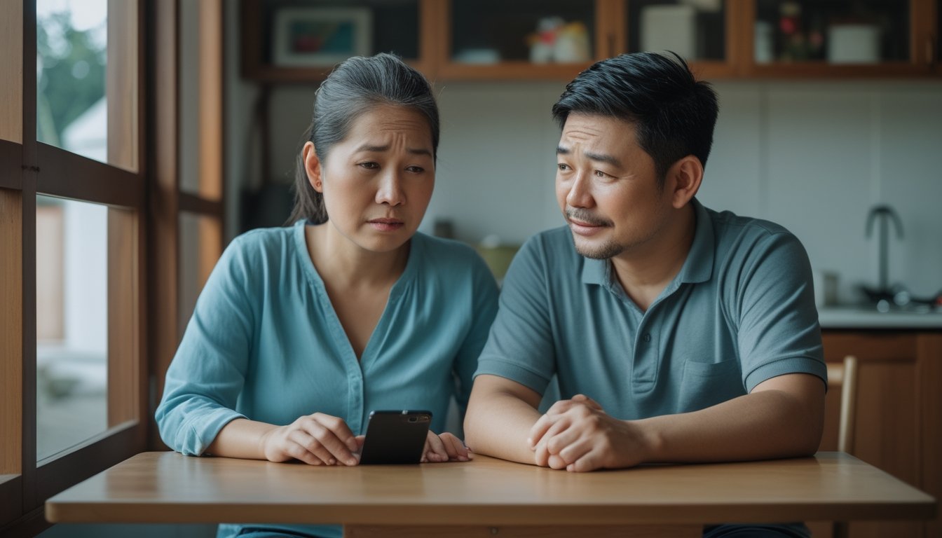 Dua anggota keluarga berbincang, dengan satu orang mendengarkan dan memberi dukungan kepada orang yang sedang mengalami kesulitan.
