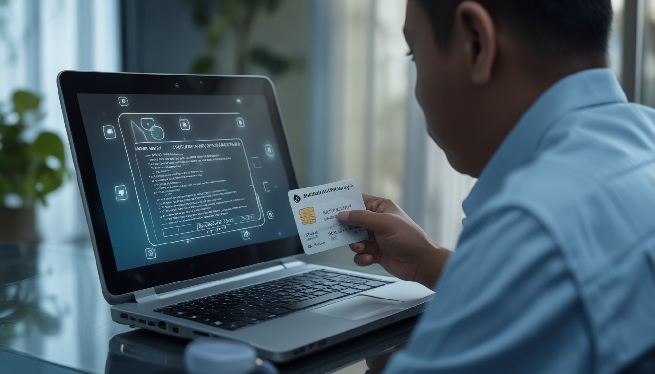 Seseorang tampak khawatir saat menggunakan laptop sambil memegang kartu identitas yang tidak menampilkan data.