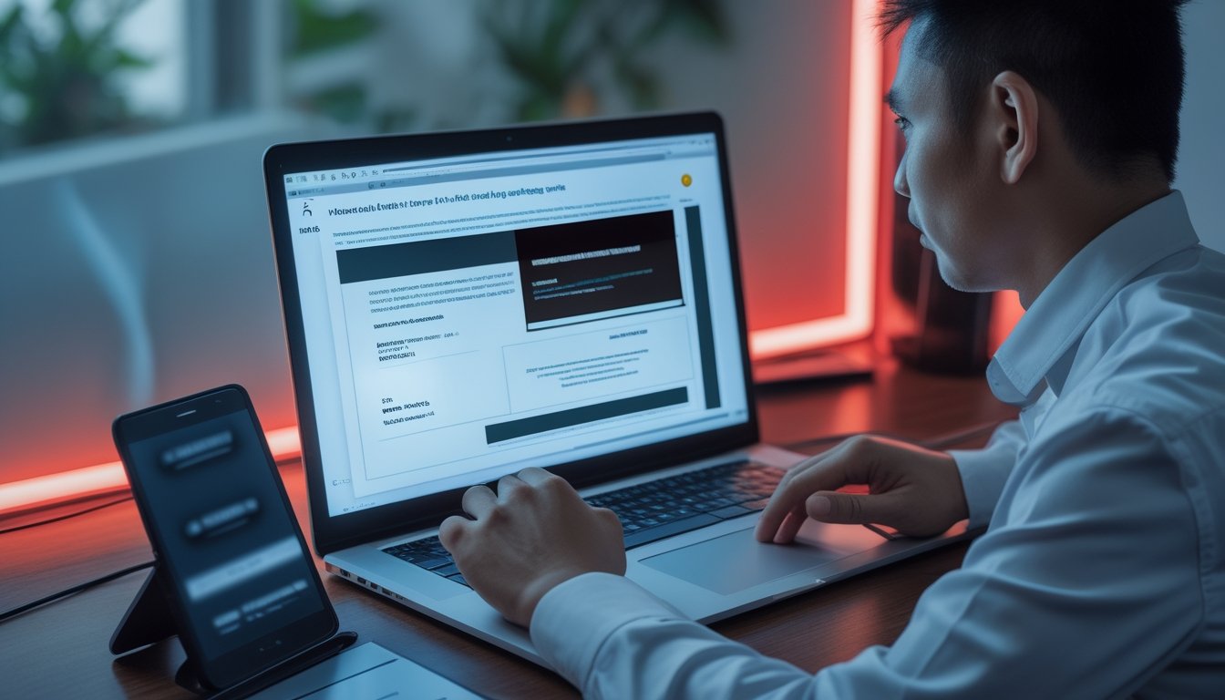 Seseorang tampak khawatir saat melihat laptop, dengan kartu identitas yang detailnya disamarkan di atas meja.