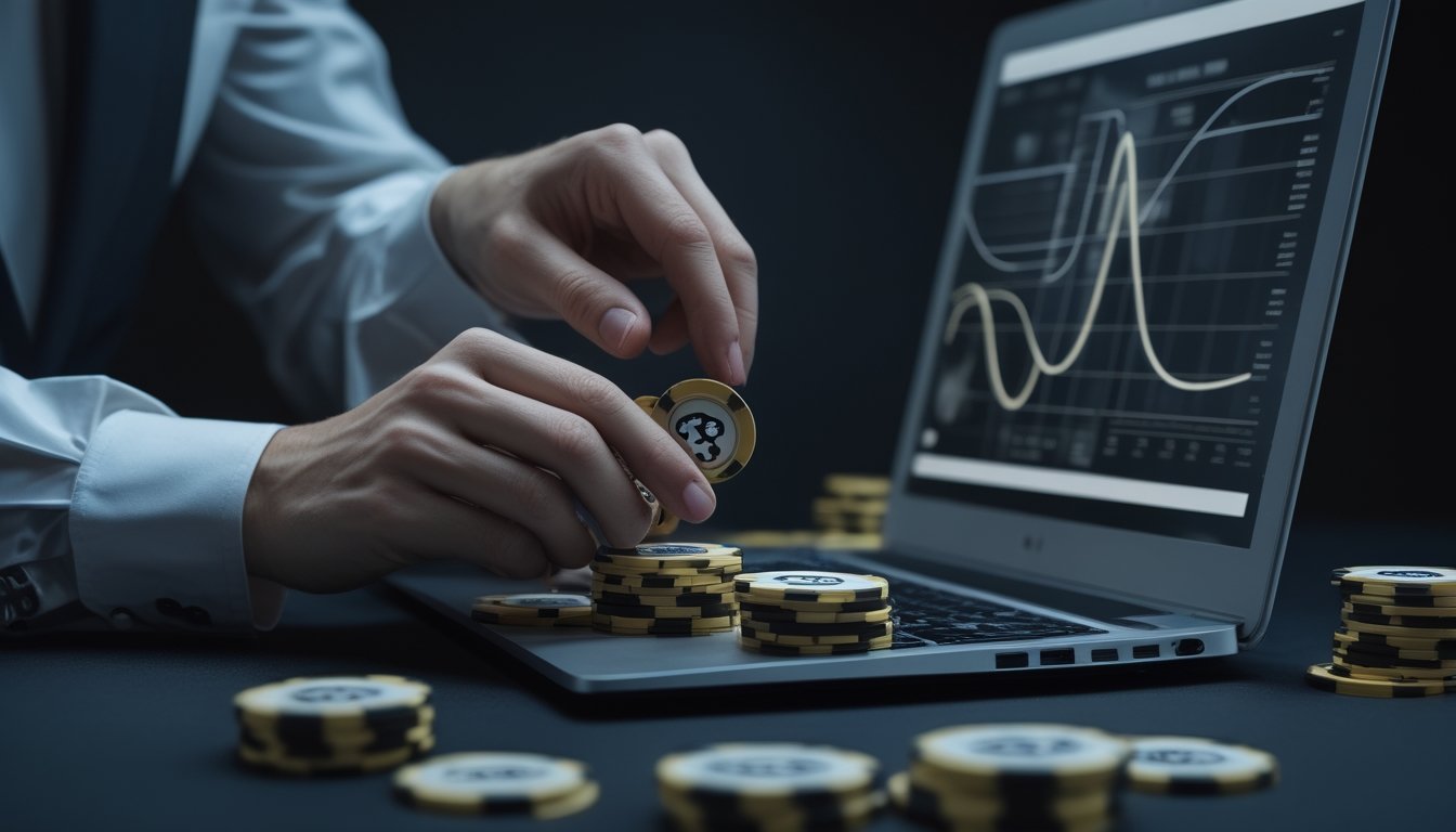 Tangan seorang analis menyusun keping judi di samping laptop dengan grafik probabilitas.