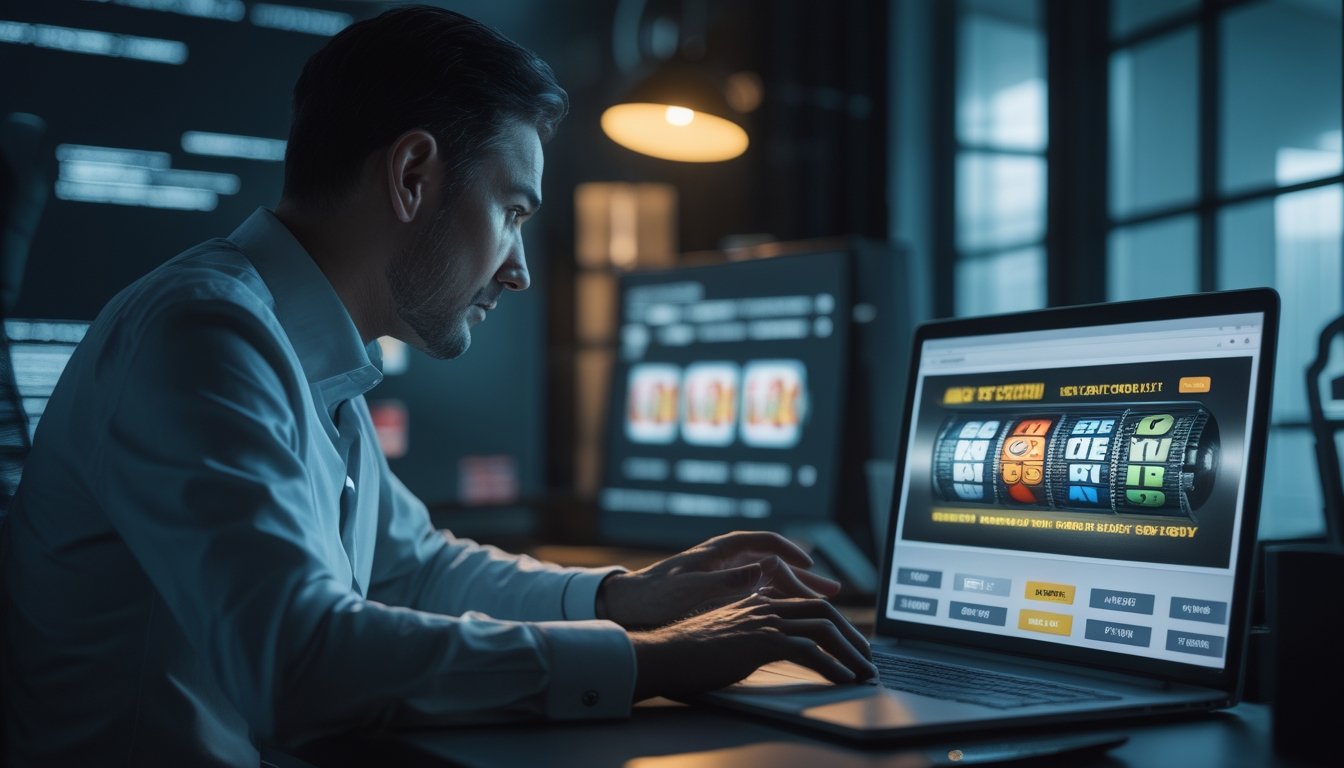 Seseorang yang khawatir melihat laptop dengan permainan slot, sementara operator di latar belakang mengatur perangkat.