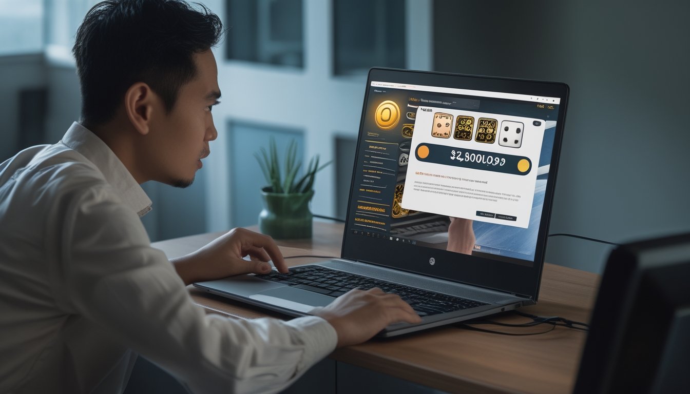 Seseorang tampak waspada saat memeriksa situs slot online di laptop.