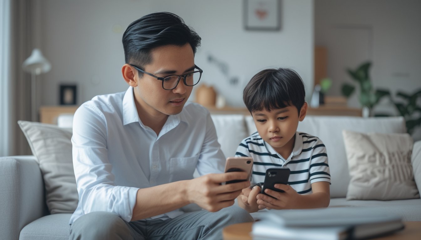 Orang tua mendampingi anak mengatur keamanan ponsel di ruang keluarga.