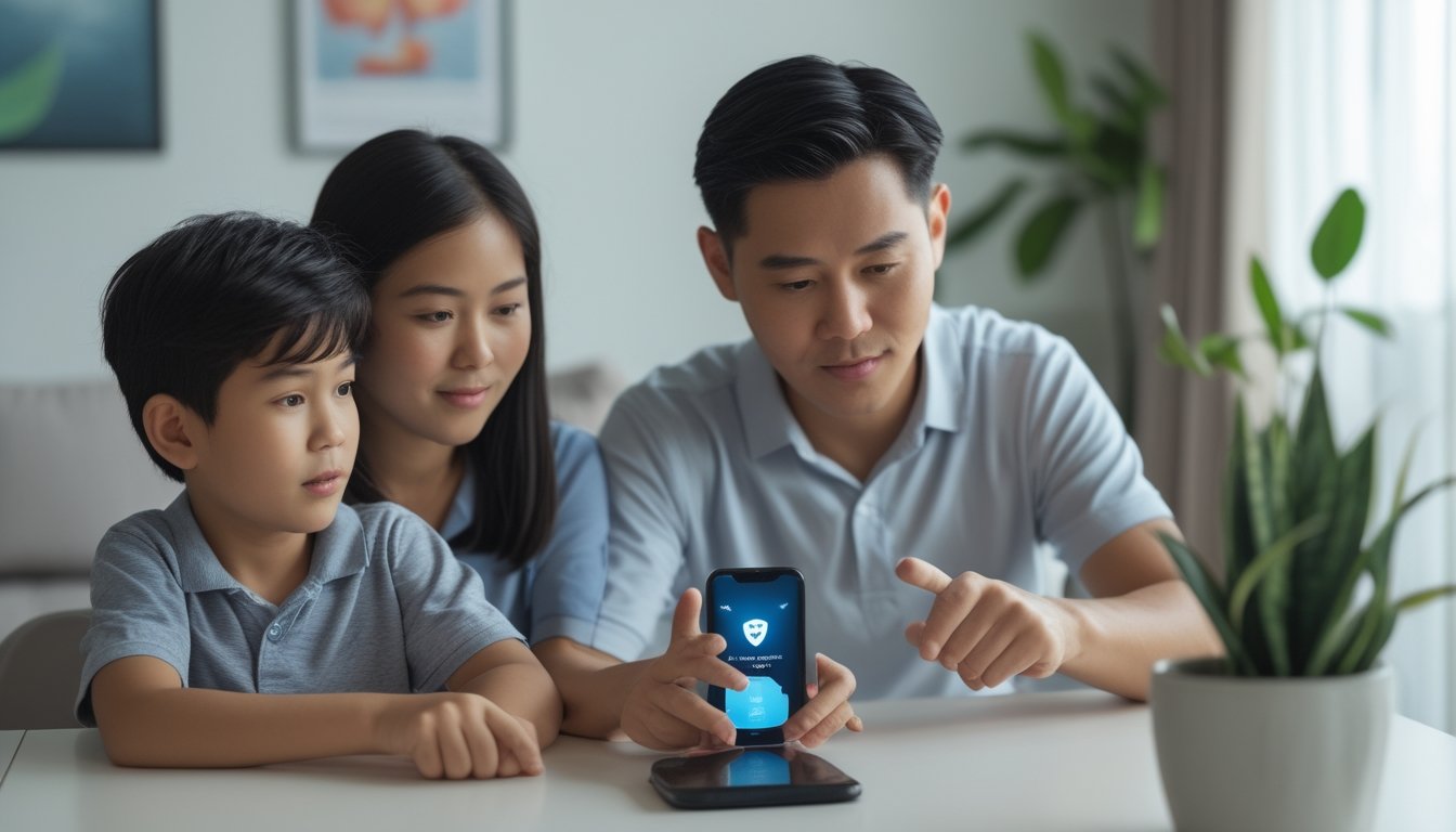Orang tua mendampingi anak mengatur kontrol akses pada ponsel.