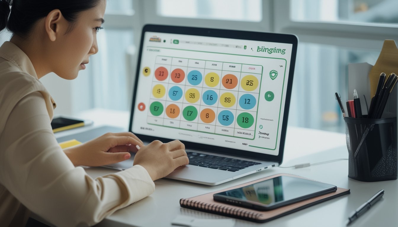 Seseorang membandingkan tampilan bingo di laptop sambil memeriksa catatan di meja.