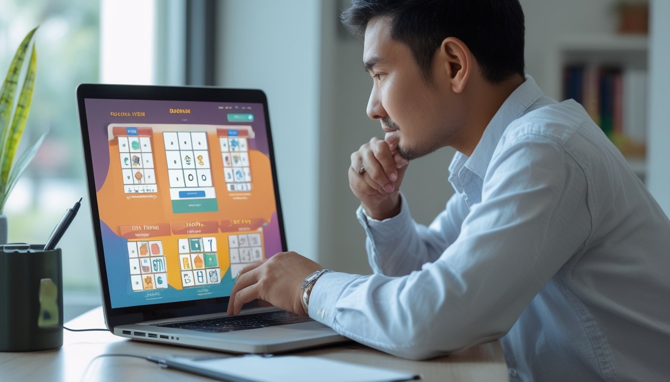 Seorang dewasa memeriksa situs bingo di laptop sambil mencatat di meja.