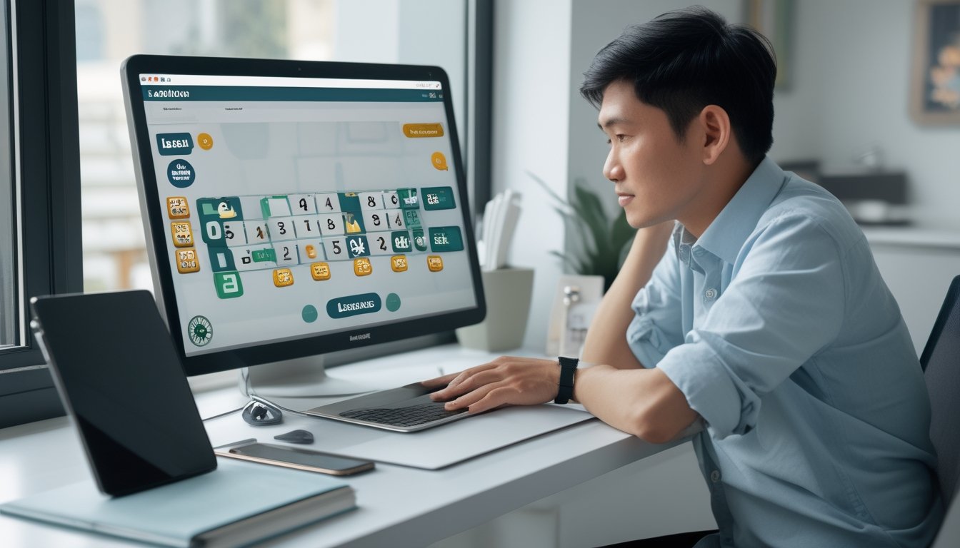 Seseorang memeriksa tampilan bingo online di laptop di meja kerja.