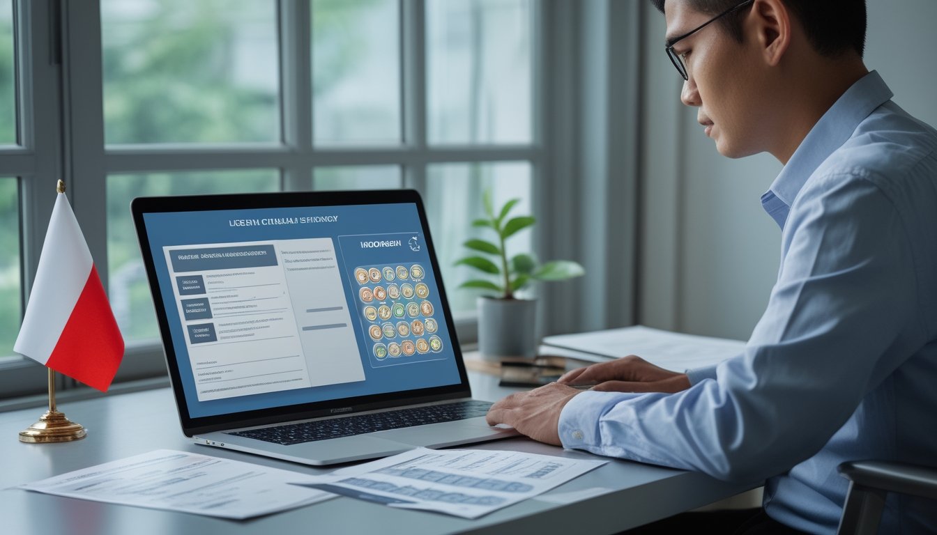 Seseorang di Indonesia memeriksa laptop dan dokumen lisensi di meja.